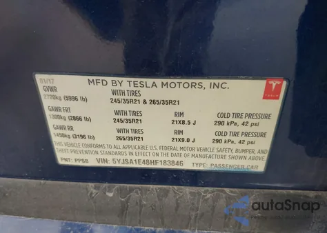 2017 Tesla Model S 100D/60D/75D/90D/P100D из США, поврежденный, VIN 5YJSA1E48HF183846